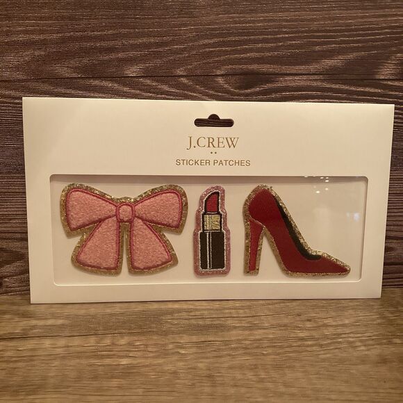 J Crew Stickers Patches Pink Bow Red Lipstick High Heel Pump Gold - Picture 1 of 4